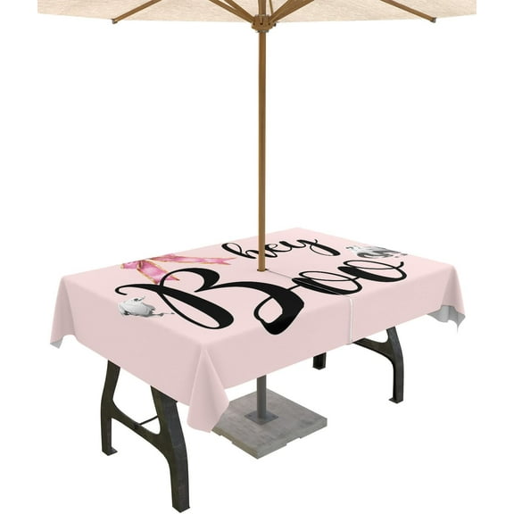 Halloween Outdoor Tablecloth - 60x120 Inch Rectangle Dining Table Cover, Hey Boo Ghost Pink Bow Knot Waterproof Outdoor Table Cloth with Umbrella Hole & Zipper for Picnic/Patio/Party