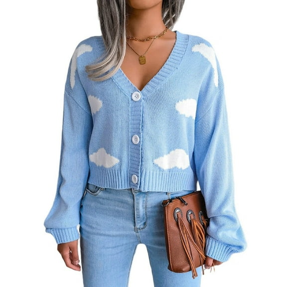 Women'S Casual Elegant Cloud Print Cropped Button Front Long Sleeve V Neck Knit Cardigan Blue S