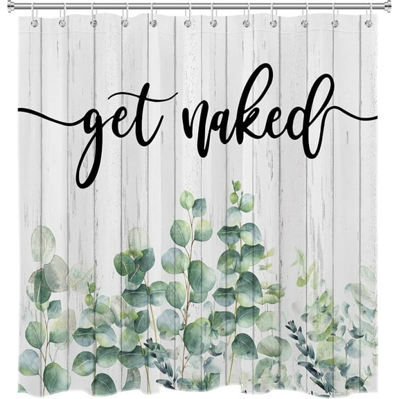 Eucalyptus Shower Curtain for Bathroom Decor, Sage Green Leaf and Funny Words Get Naked on Rustic Wooden Boards Shower Curtain with Hooks, 72x72 inches Green Plant Botanical Shower Curtain Set