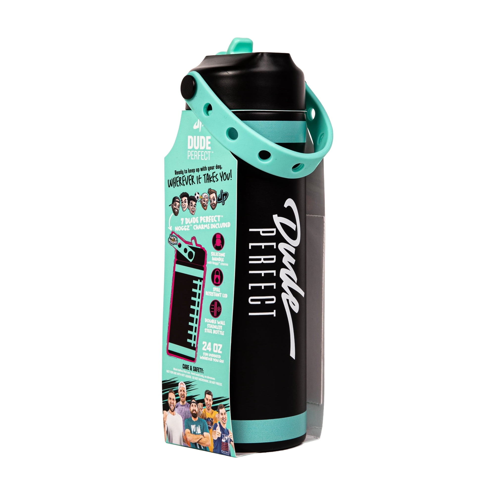 Dude Perfect Water Bottle, Silicone Handle, Double Wall Insulation and Leak-Proof Lid, 24 oz Capacity, Black