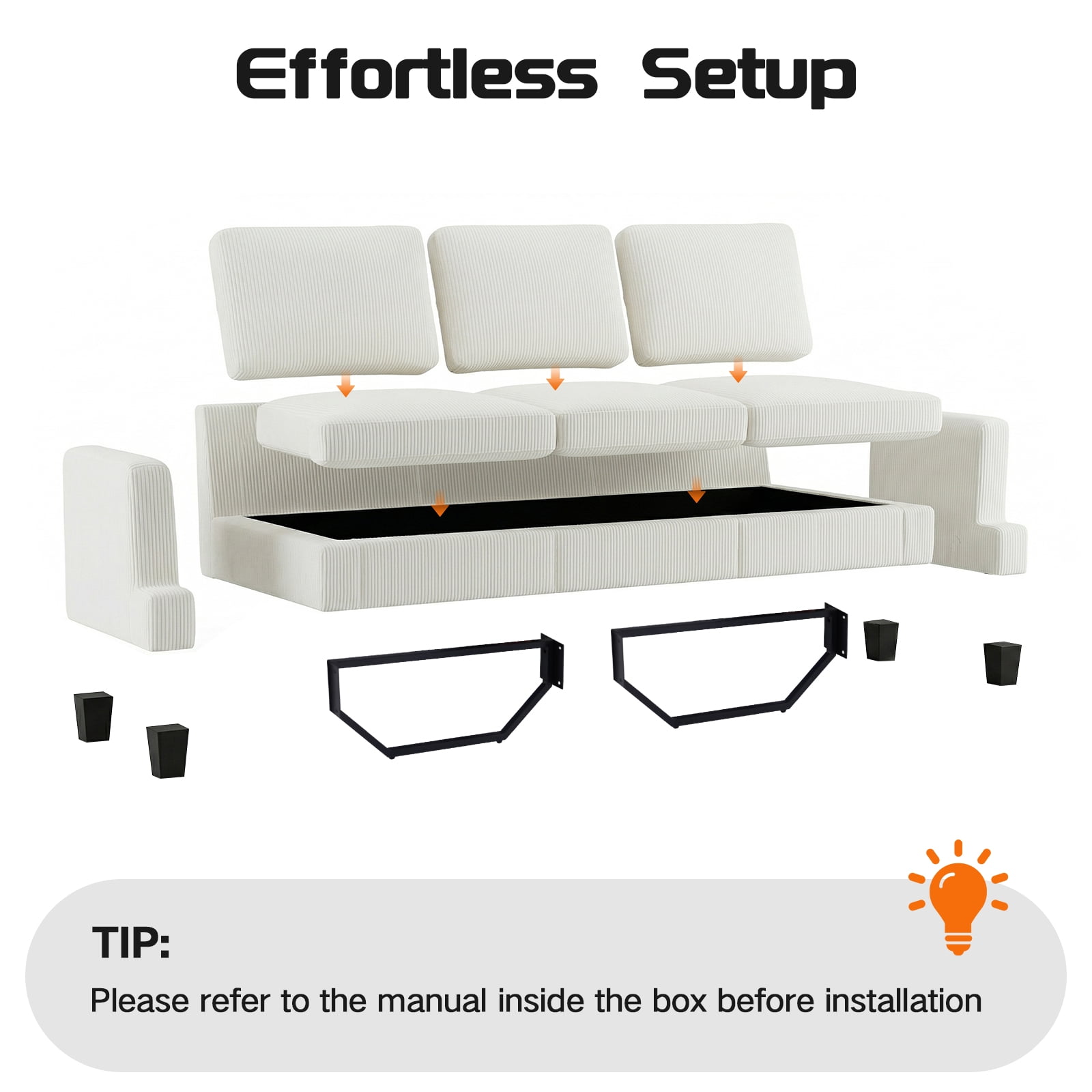 3 Seater Sofa, 84"W Corduroy Sofa with Extra Deep Seats, Modern Comfy Couch for Living Room, White