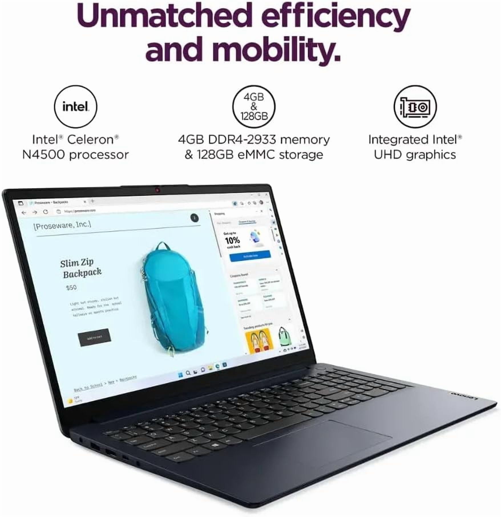 Lenovo Ideapad 1 15.6" HD Laptop, Intel Celeron N4500, 4GB DDR4, 128GB eMMC, W11HS, 1 Year Office 365, Abyss Blue, 82LX00D3US