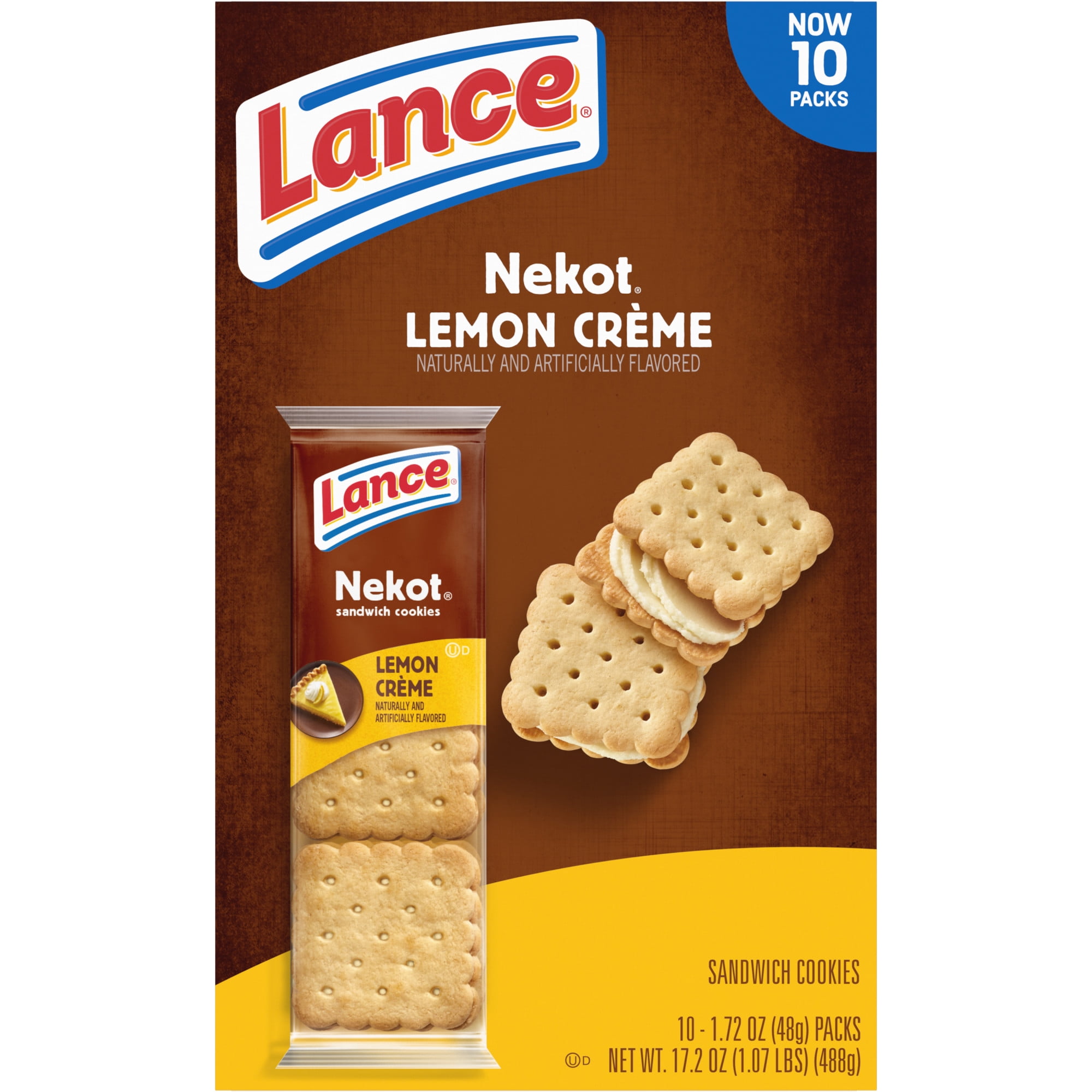 Lance Sandwich Cookies, Nekot Lemon Creme, 10 Individually Wrapped Packs, 6 Sandwiches (Pack of 4)