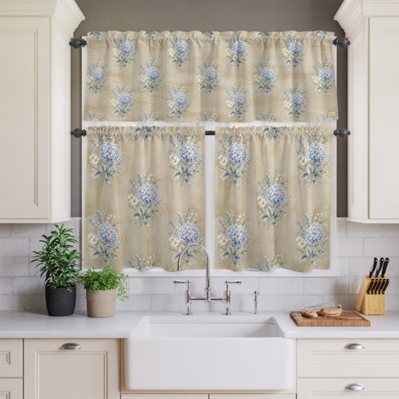 Kitchen Window Curtains Valance and Tier Set, Watercolor Flower Blue Hydrangea Leaves Rod Pocket Tier Curtains and Valance 3 Piece Set, Retro Mottled Window Treatment for Bedroom Living Room