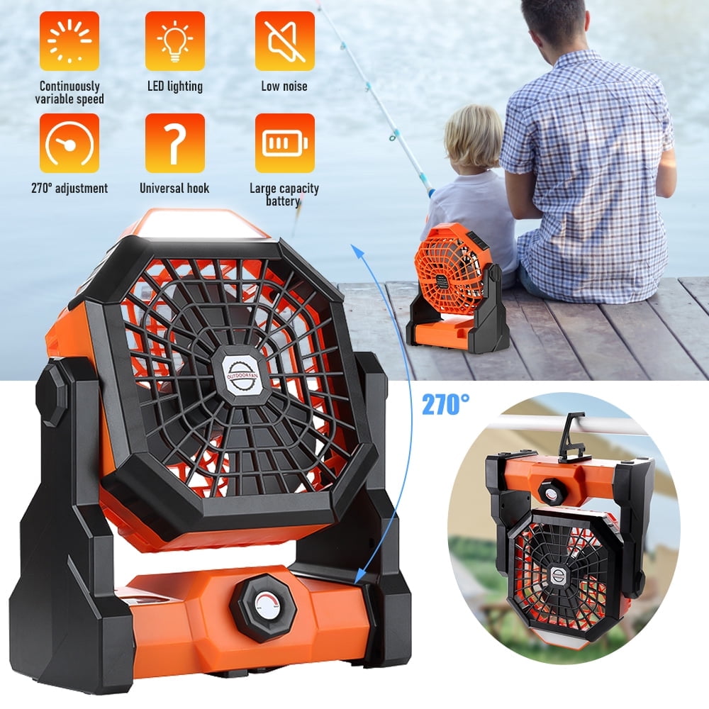 Camping Fan with LED Lantern,8inch Rechargeable Outdoor Tent Fan, 270°Head Rotation,Stepless Speed & Quiet Battery Operated USB Fan