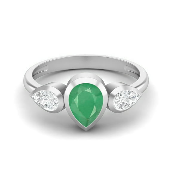 1.25 Cts Bezel set Pear Emerald 925 Sterling Silver Three Stone Women Valentines Day Gifts Ring