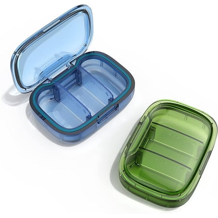 2 Pack 3 Compartment Small Pill Box, Moisture Proof Pill Case, Travel Pill Organizer for Pocket Purse, Daily Portable Medicine Vitamin Box, Fish Oil Box, Supplement Box