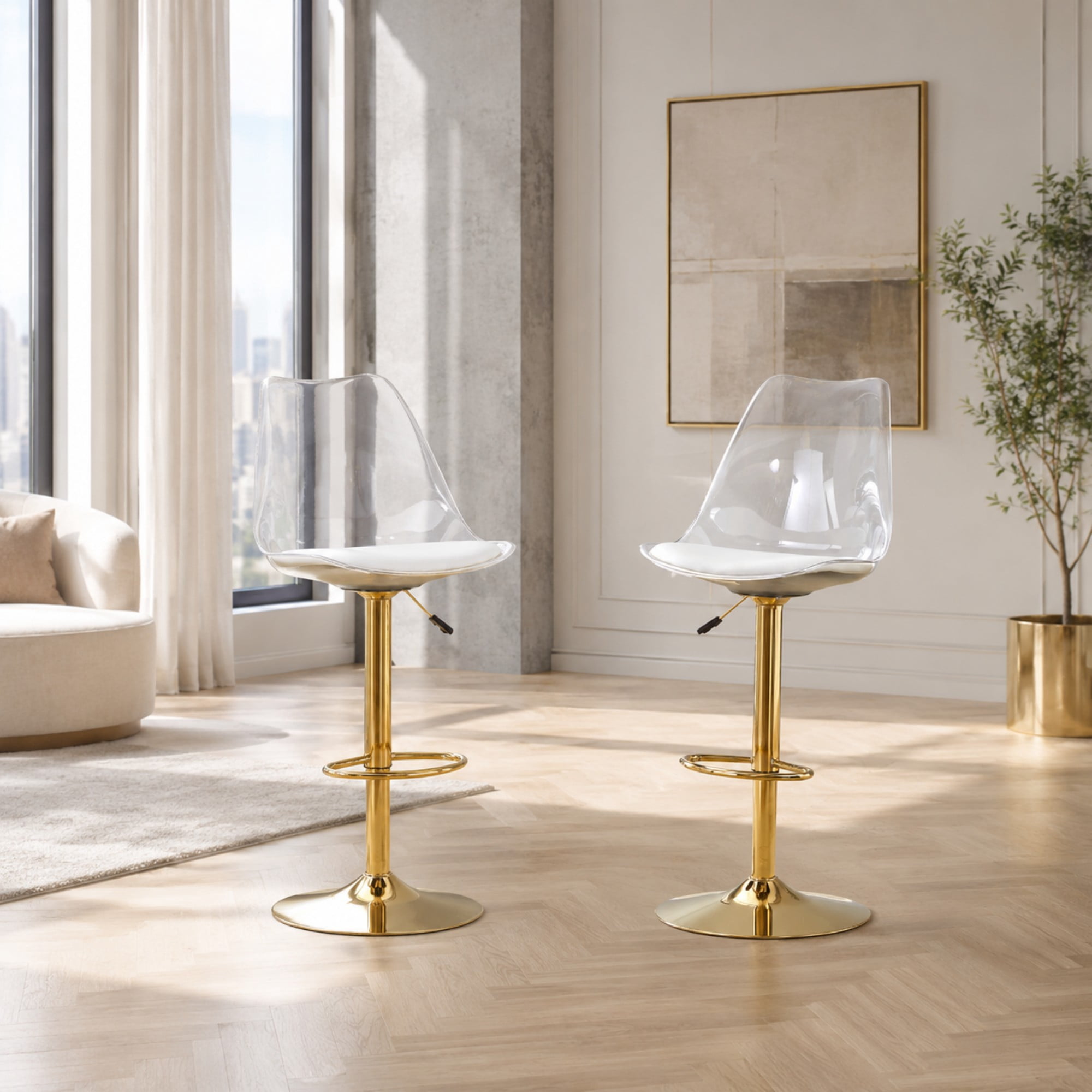 TesNus Bar Stools Set of 2 White PU Leather Swivel Adjustable Lift Gold Base 47 Inch