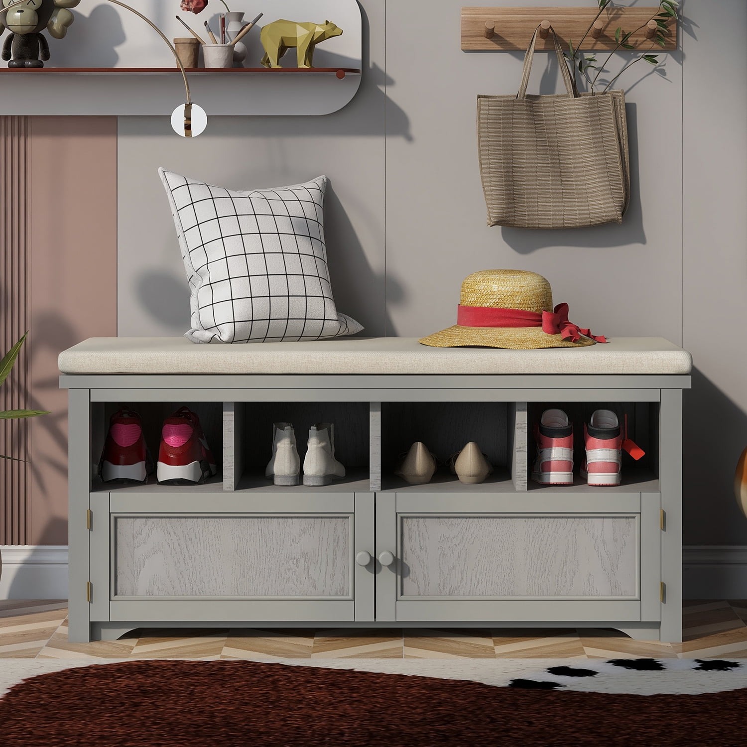 Kadyn Rustic Style Two-Door Storage Bench, Shoe Entryway Bench with Linen Upholstered Top Cushion, Pine Organizer Footrest Bench Ottoman for Entryway, Gray Wash Kadyn Rustic Style Two-Door Storage Bench, Shoe Entryway Bench with Linen Upholstered Top Cushion, Pine Organizer Footrest Bench Ottoman for Entryway, Gray Wash