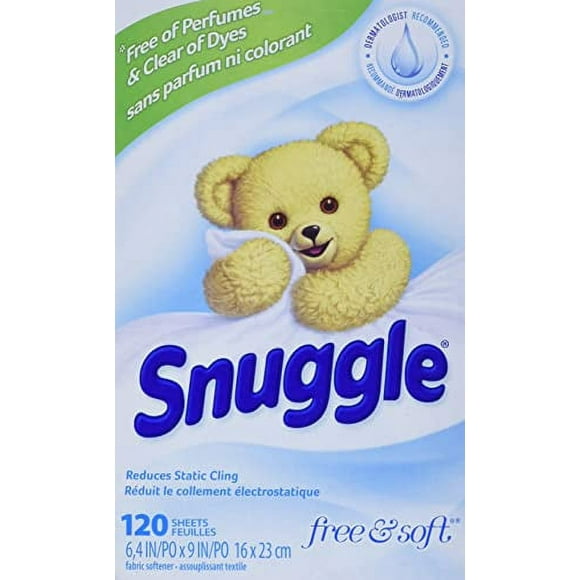 Snuggle Hypoallergenic Free &amp; Soft Dryer Sheets (120 count), Softener for Laundry to Control Static and Reduce Wrinkles, Long Lasting Fabric Softener without perfurmes and clear of dye