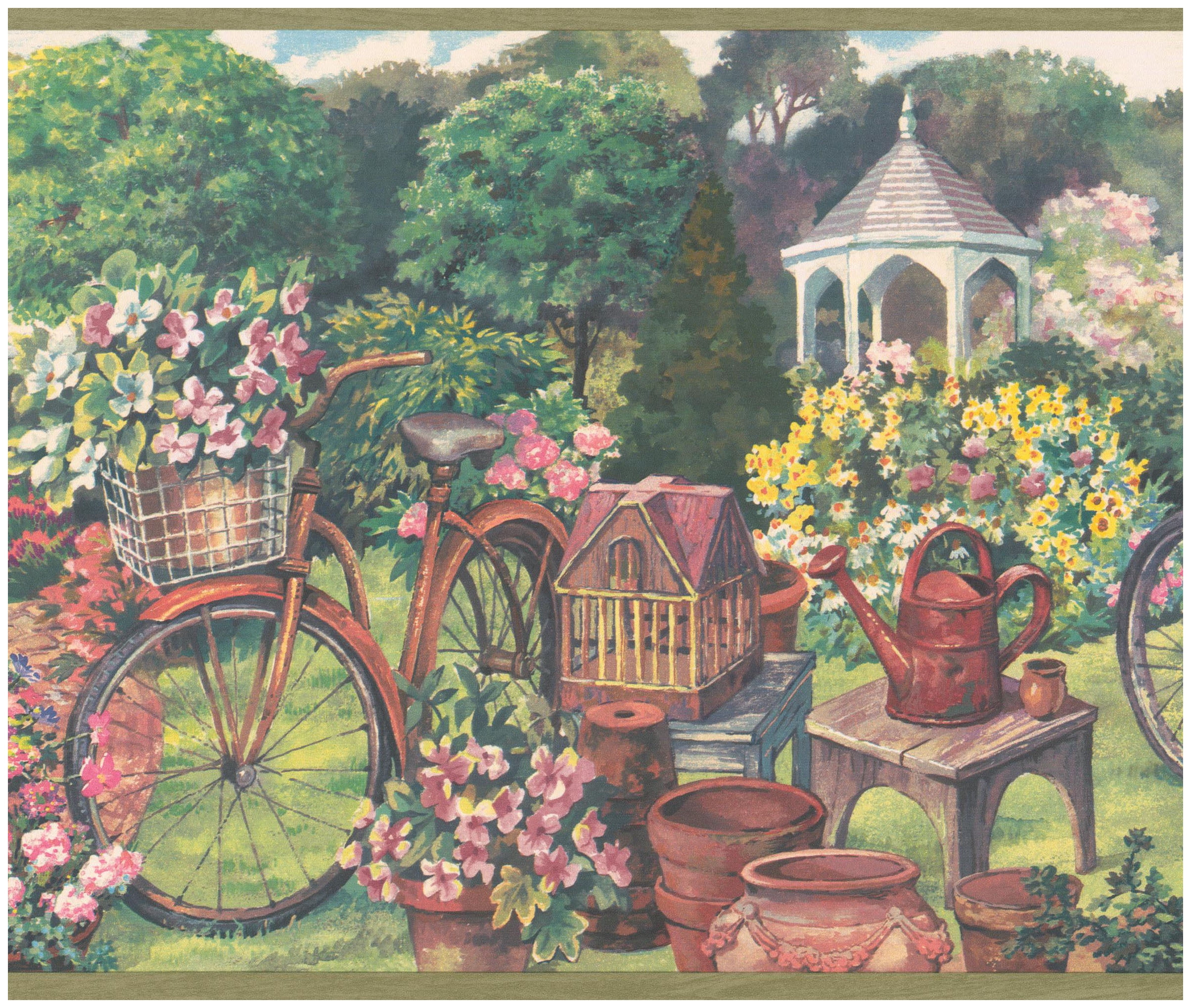 Prepasted Wall Border - Country Life Gazebo Cottage Flowers Light Green
