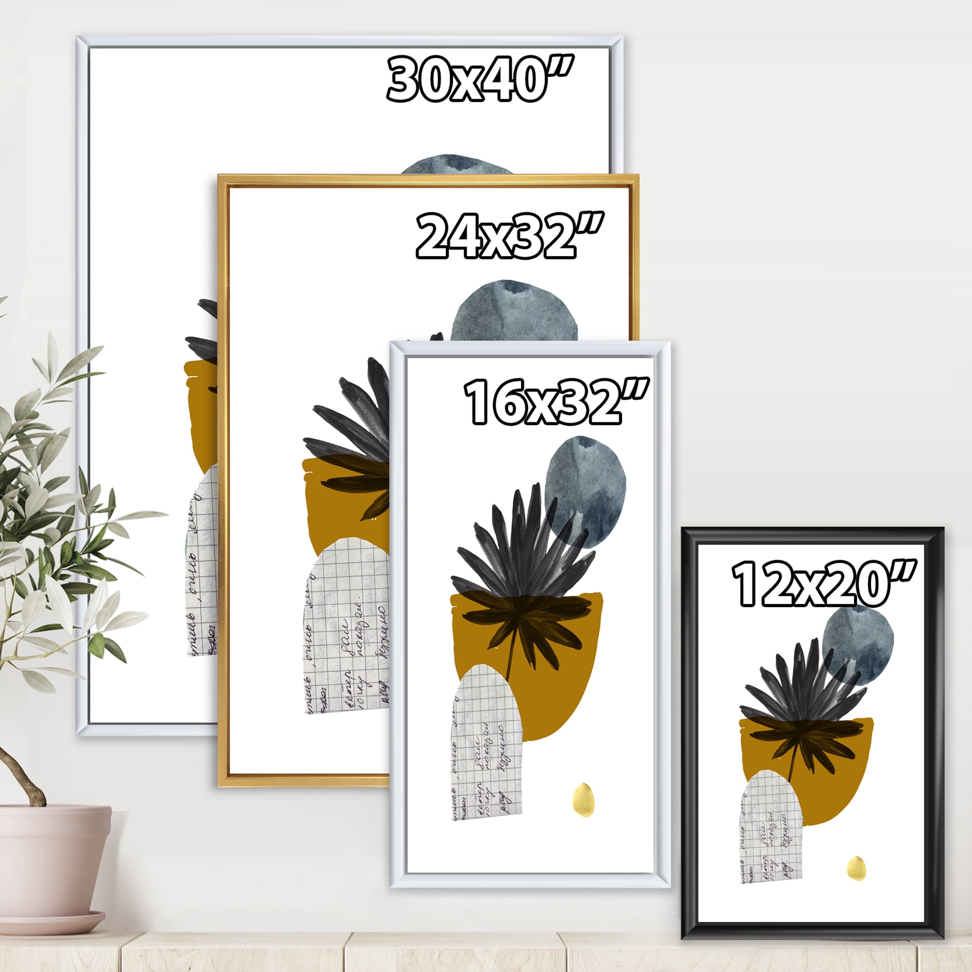 Designart 'Abstract Geometry Shapes and Tropical Palm Leaf I' Modern Framed Canvas Wall Art Print