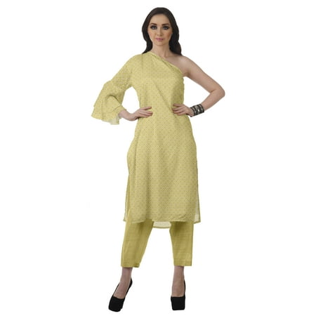 

Moomaya Womens Printed One Shoulder Double Bell Sleeve Kurti Pant Set Ethnic Clothing Sets For Women