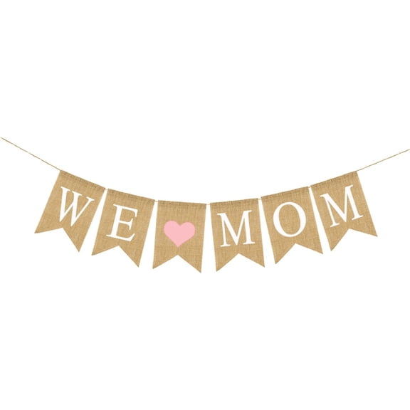 OULII Mother's Day Party Decorations Khaki Linen Hanging Banner with Heart and 'We Mom' Lettering for Celebration