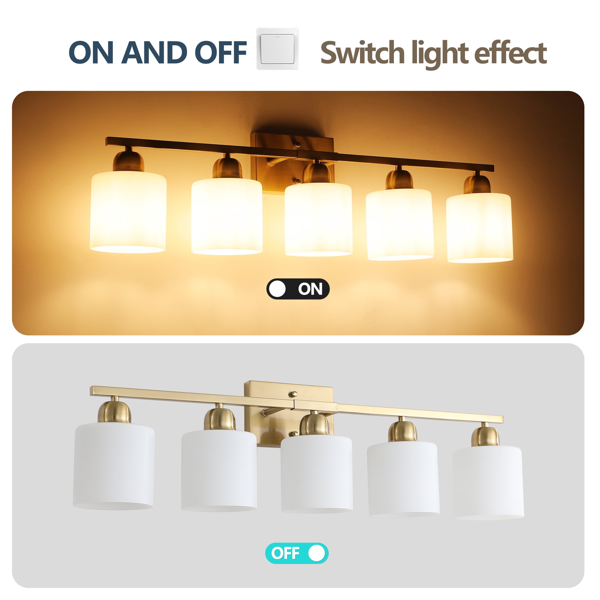 Jopath 5-Light Modern Vanity Light Over Mirror, Wall Sconces with Milky White Frosted Glass Shades for Bathroom, Hallway, or Bedroom Gold (Bulbs Not Included)