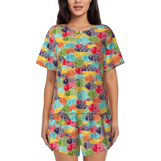 Balery Colorful Fish 2 Conjunto de Pijama para Mujer con Estampado, Dos Piezas de Manga Corta y Shorts, Ropa de Dormir Suave con Cuello Redondo y Bolsillos-XX-Large