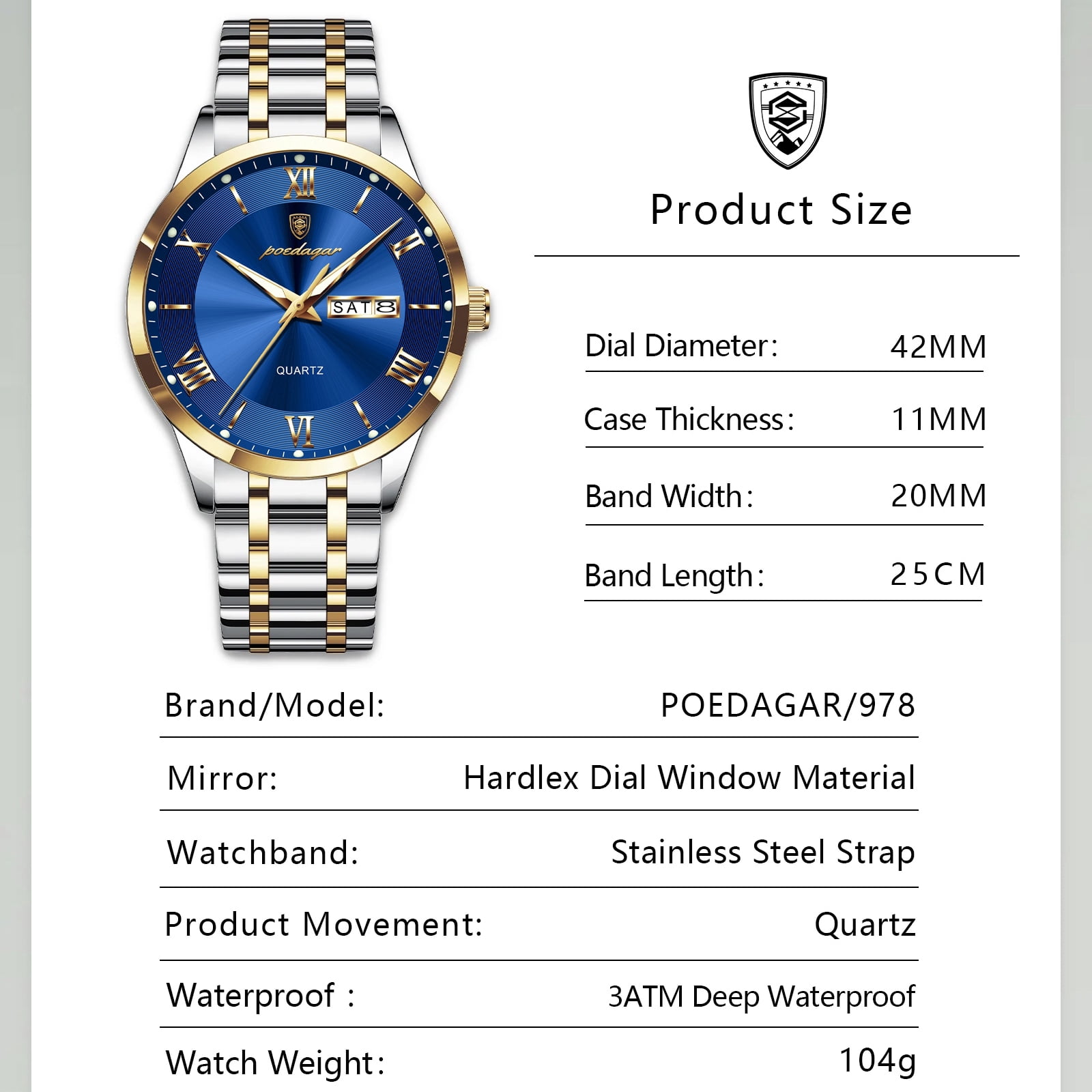POEDAGAR Fashion Stainless Steel Men's Quartz Watches Waterproof Luminous Week Date Sports Man Wrist Watch