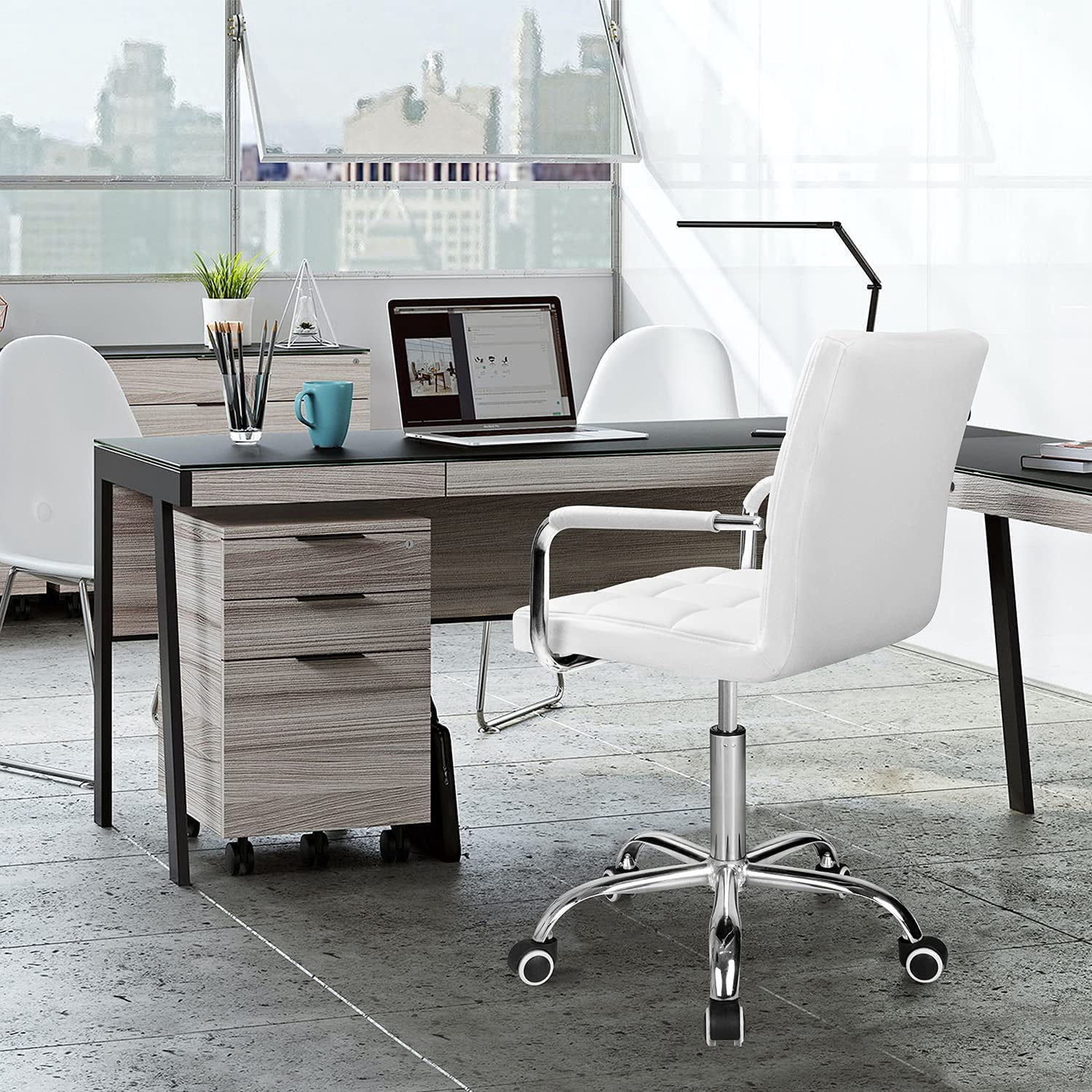 Lacoo Mid-Back Adjustable Office Desk Chair Faux Leather Ribbed Task Chair with Armrest, White
