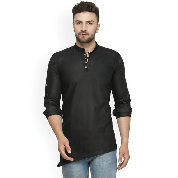 eloria Indian Traditional Black Thread Work Solid Cotton Blend Kurta For Men's