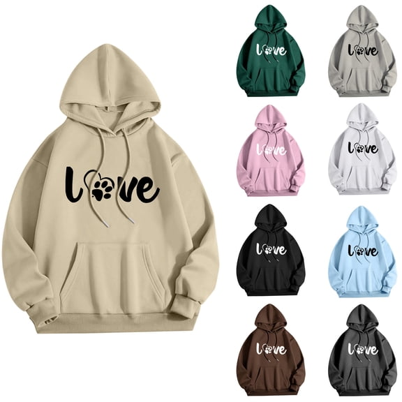 Oiangi Fall Hoodie for Women Love Graphic Long Sleeve Drawstring Sweatshirt Fall Winter Cozy Pullover Hooded with Pockets White 2XL