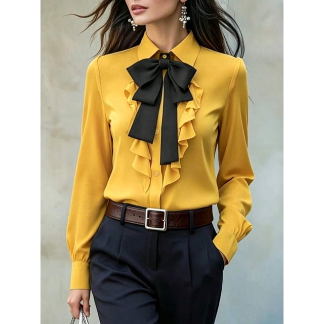 Blusa Elegante De Manga Larga Con Lazo Negro Y Volantes En Jengibre 1