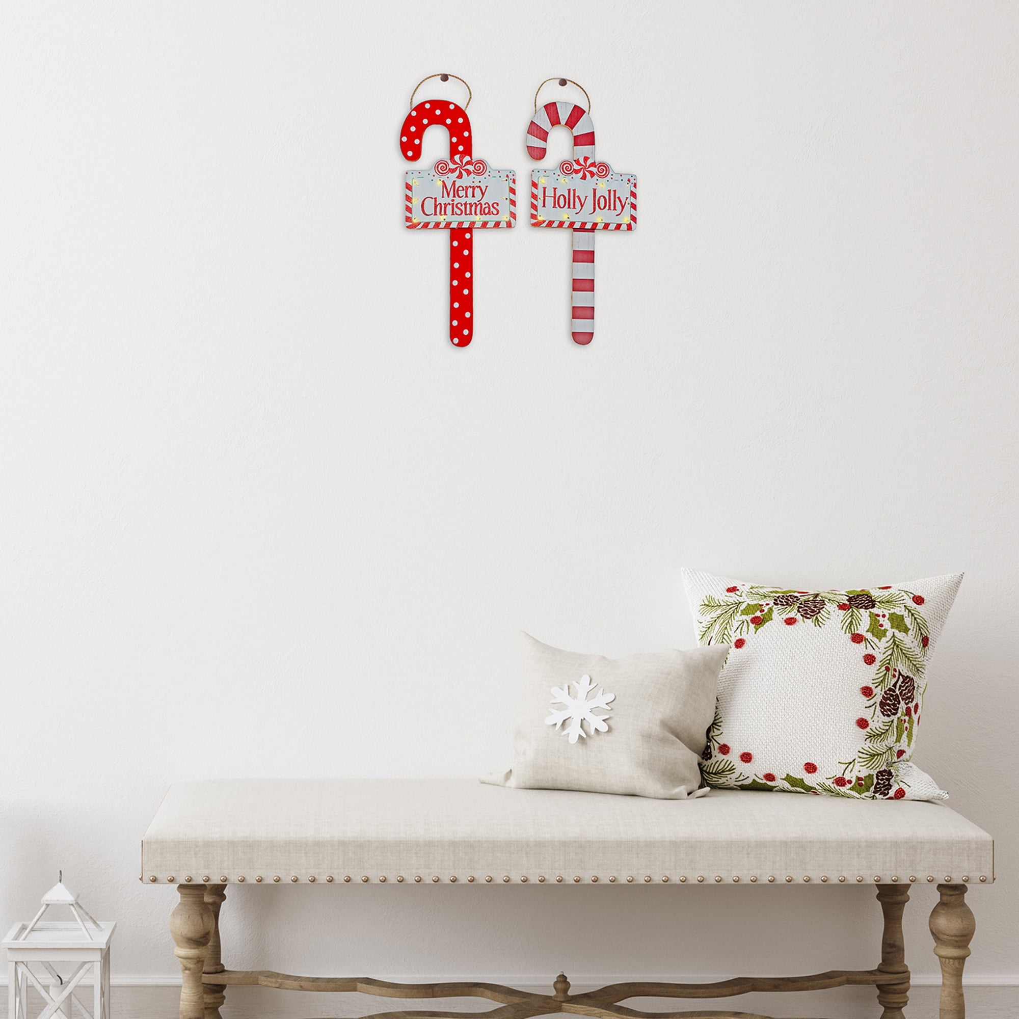 Led Wooden Wall Hanging Candy Cane (Asstd