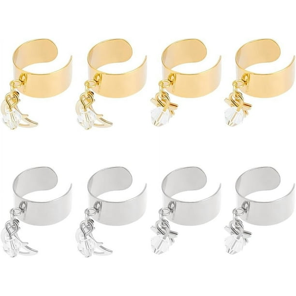 8 anillos de acero inoxidable de 2 colores para mujer, ajustables, con dijes de luna y estrella, con puño abierto.