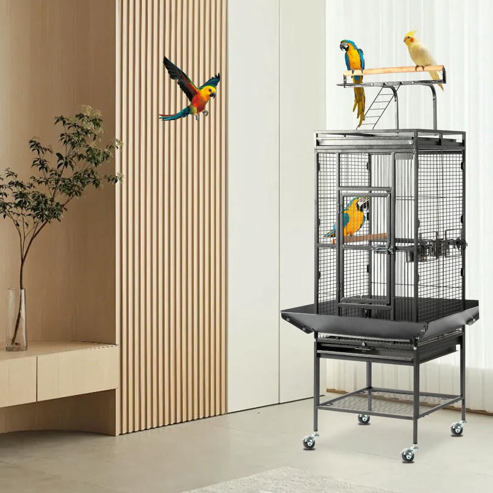 GVN Bird Cage, Small Bird Habitat,65-Inch Wrought Iron Large Rolling Bird Cage with Play Top And Stand for Parrots Lovebird Cockatiel Parakeets, Black