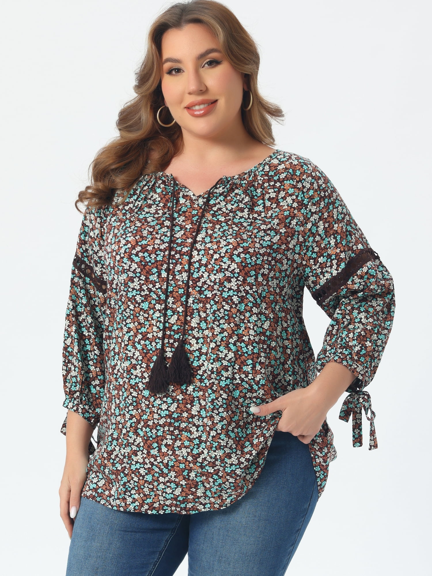 DARING DIVA Women's Plus Tie-Neck Raglan Sleeves Hollow Out Top 4X Dark Brown