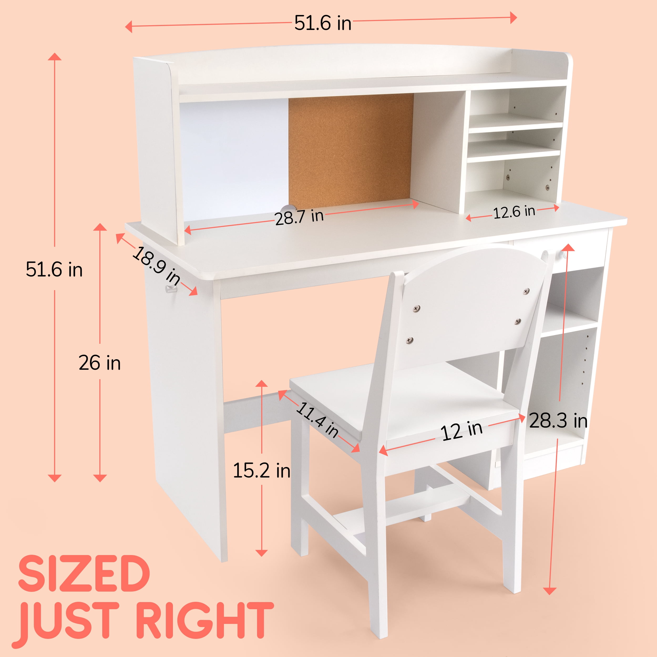 HappyHomePicks Wooden Kids Study Desk and Chair Set with Hutch and Storage, White
