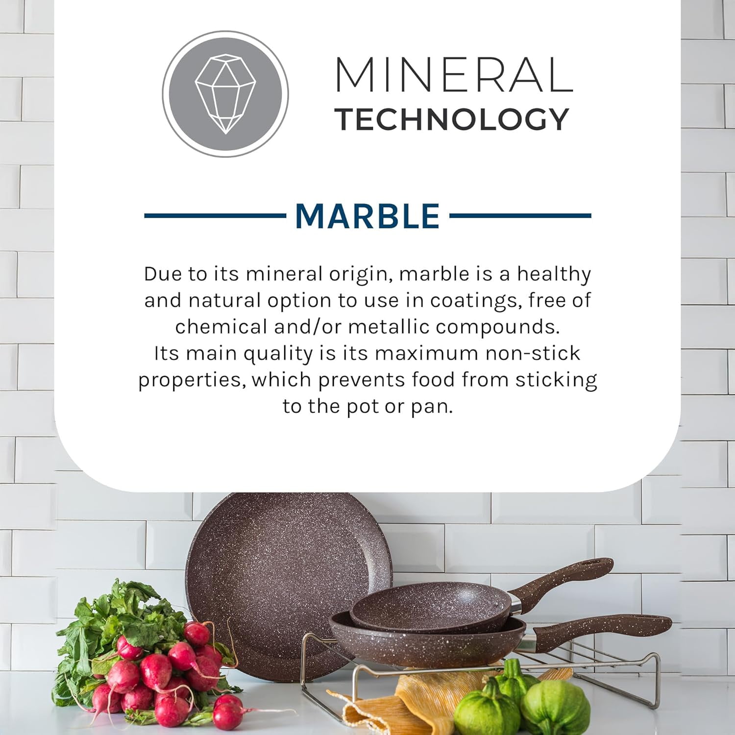 Picca Milan 3-Piece Large Cooking Pan Set - Easy Clean Marble Non Stick Frying Pan Set with Mineral Based Coating - No PFAS/PFOS/PFOA - Brown - 7.8in, 9.4in, 11in