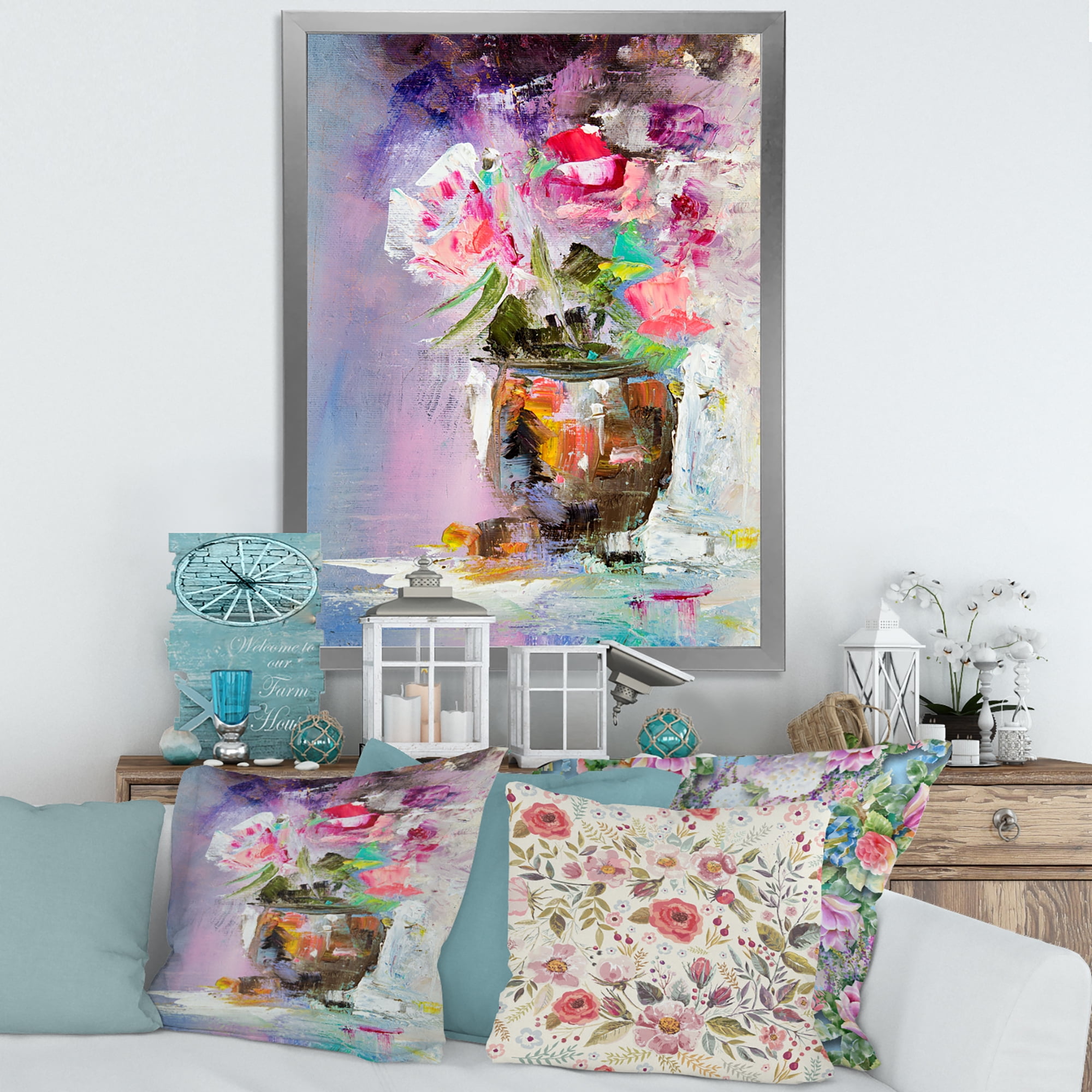 Designart 'Pink Fresh Abstract Flowers Bouquet in Vase' Modern Framed Art Print