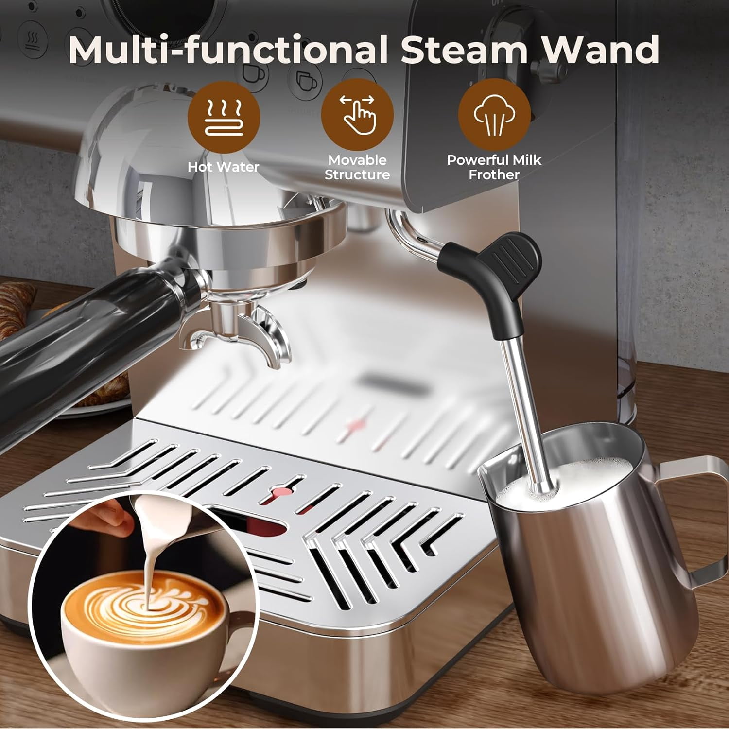 WAA 20 Bar Espresso Machine Hot/Cold Brew,Milk Frother,50oz Tank,LCD Display (Single/Double Cup for Cappuccino/Latte)