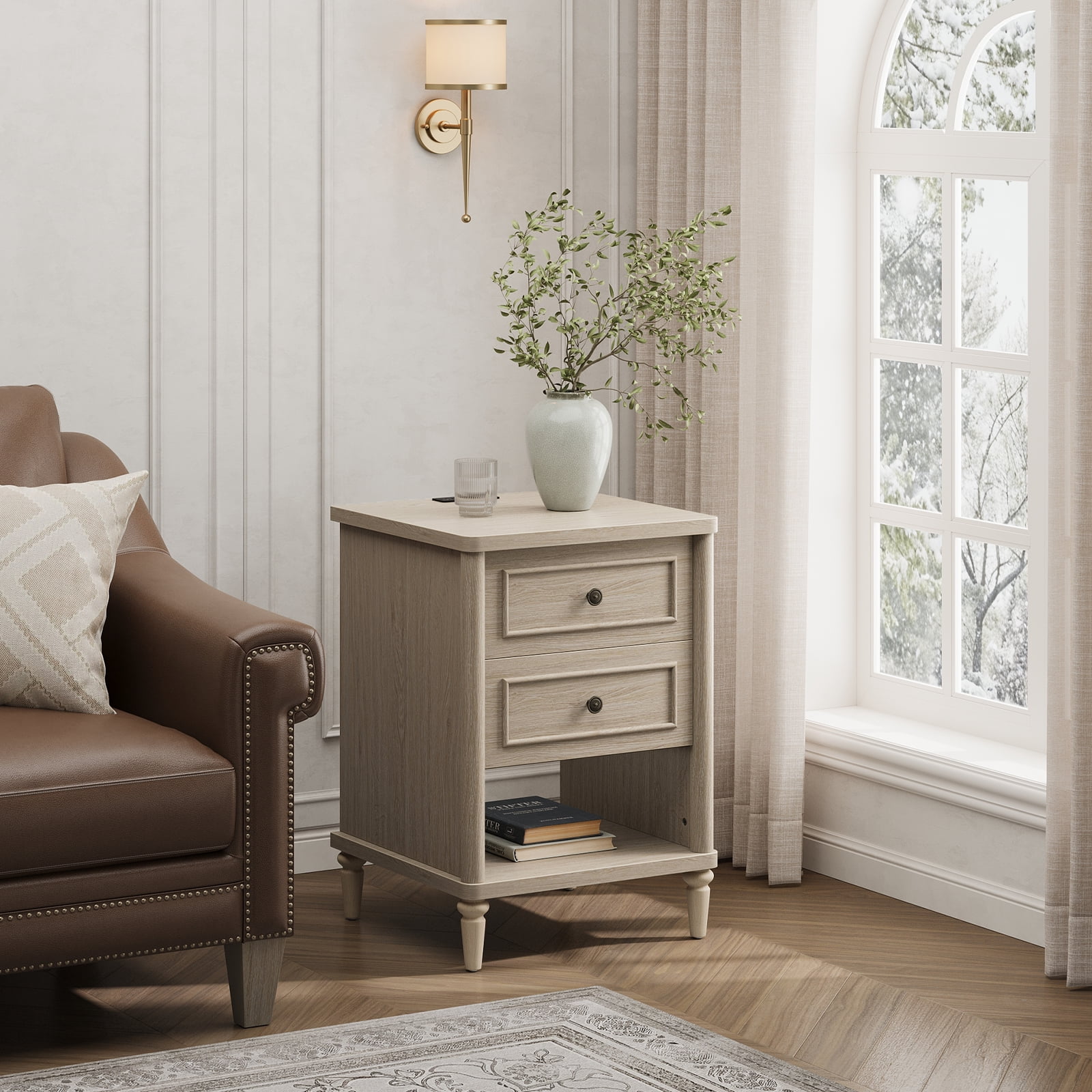 Bestier Farmhouse Nightstand with 2 Drawers, Wood Bedside Table with Charging Station,  Sofa Side End Table Night Stand for Living Room, Bedroom, Home Office, Light Oak