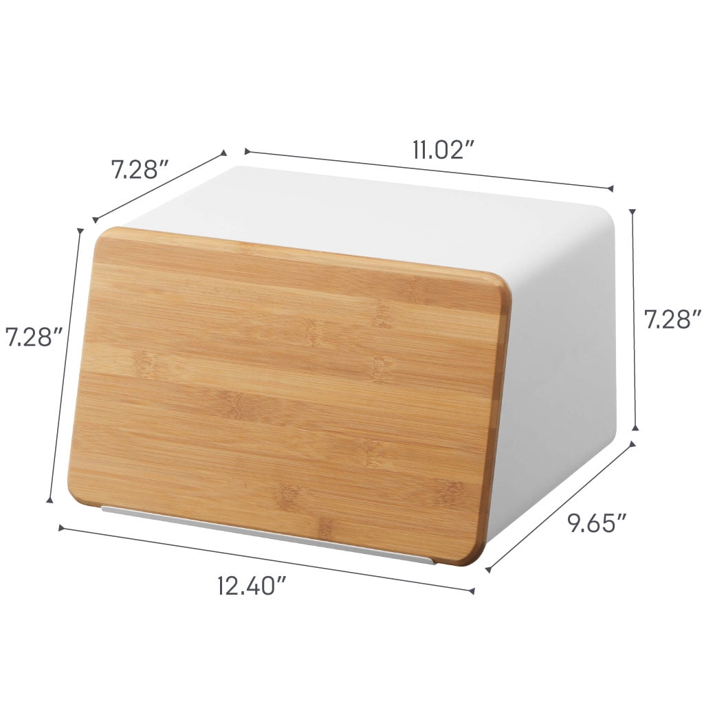 Yamazaki Home Bread Box with Cutting Board Lid, White, Steel + Bamboo, Lid, No Assembly
