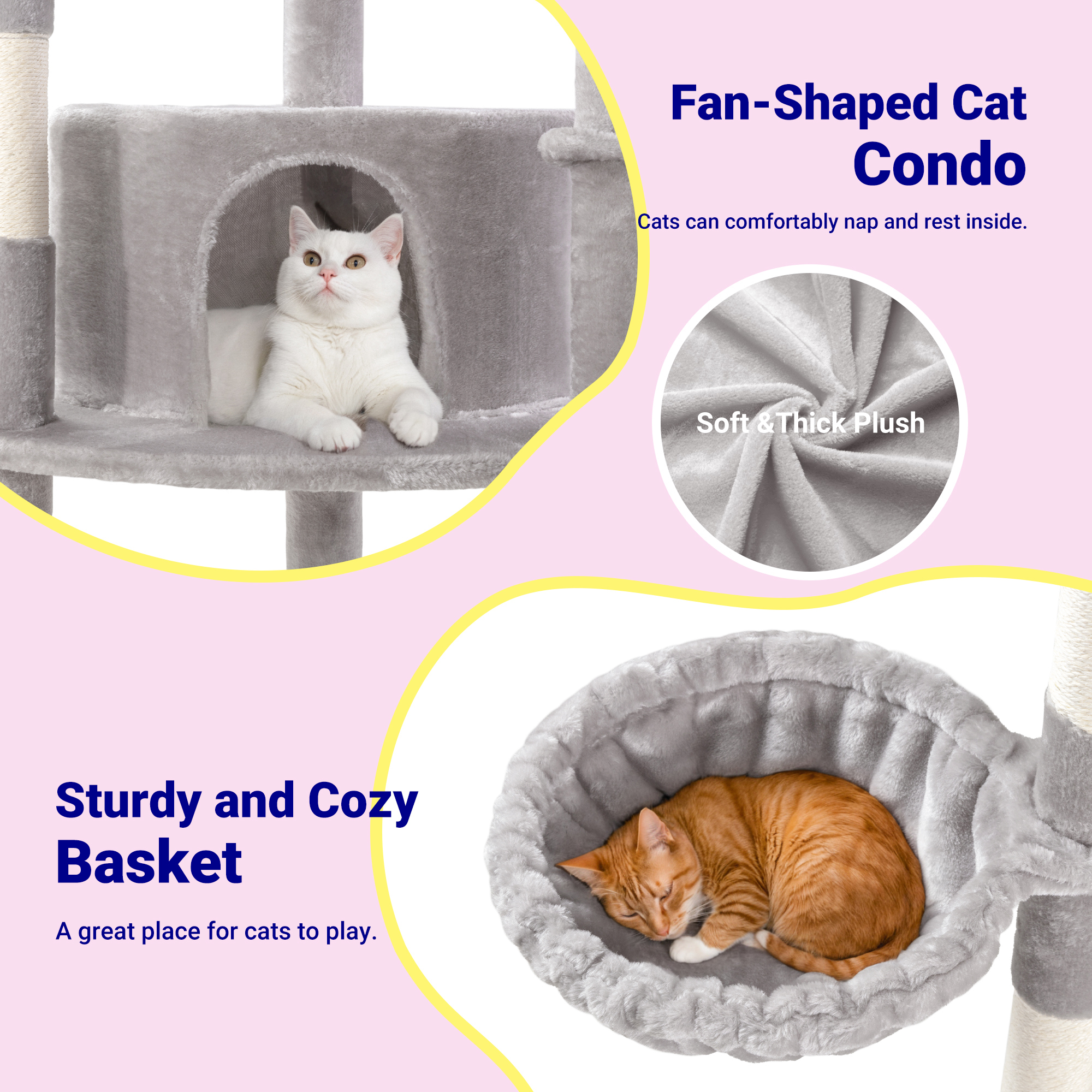 Allewie 73in Fan-Shaped Space-Saving Corner Cat Tower, Multi-Level Tall Cat Tree for Indoor Kitties, Cozy Baskets, Condos, House, Perches, Sisal Scratching Posts, Grey