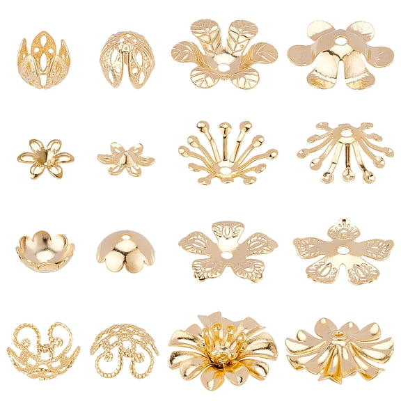 Bead Caps 48pcs 8 styles Real 24K golden Plated Brass Flower Shaped End Caps Metal Filigree Flower Cap for Earring Bracelet Necklace Jewelry DIY Craft Making Golden