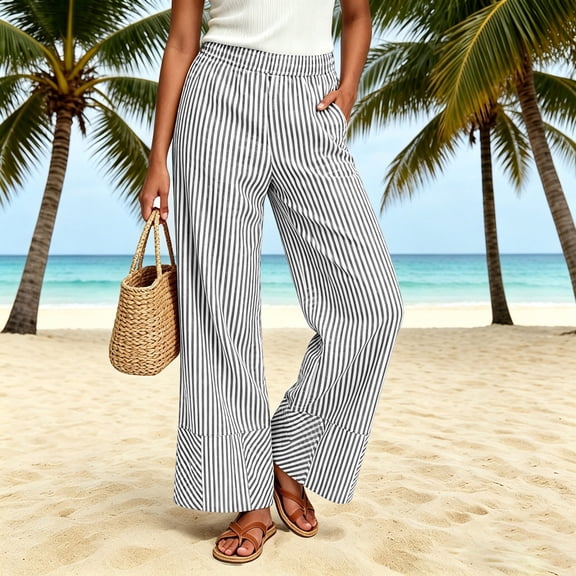 YOIAVAIOY Women's Casual Striped Wide Leg Pants High Waisted Elastic Waist Straight Long Trousers with Pockets Green M