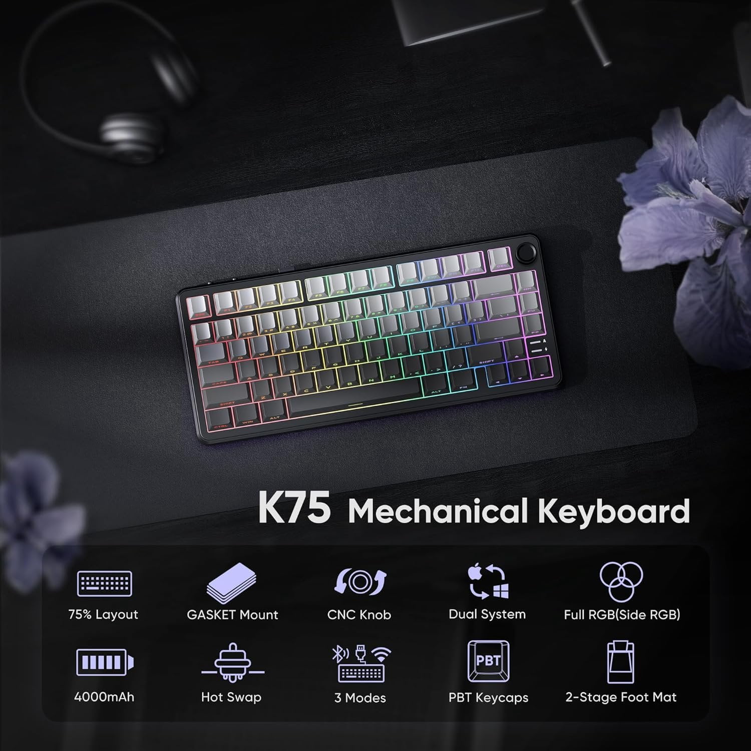 K75 Mechanical Gaming Keyboard, 75% Hot Swappable Creamy Keyboard with Knob, RGB Backlit, Pre-lubed Linear Switches, Side Printed PBT Keycaps, /Wired/BT5.0, Gradient Gray
