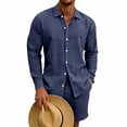 thumbnail image 5 of HBGVBA Men 2 Piece Outfit Long Sleeve Button Collared Shirt and Waist Elastic Shorts Set, 5 of 5