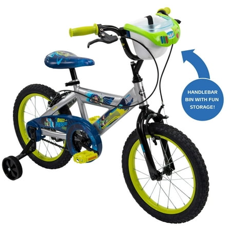 Huffy Disney Pixar Kid Bike Toy Story & Cars w/ 12-16 in Sizes Training Wheels Lime Green Toy Story W/ Handlebar Bin 16
