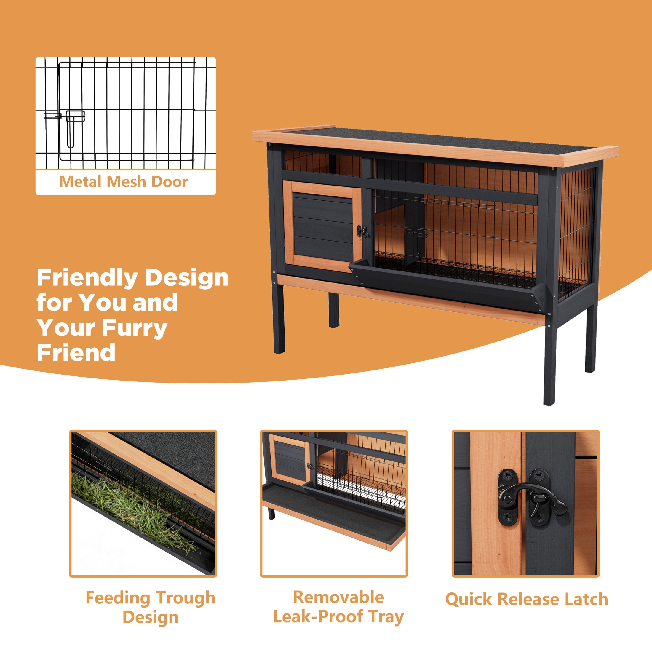 Elevated Rabbit Hutch with Pull-Out Tray,Wire Mesh Guinea Pig Cage with Waterproof Roof,Orange