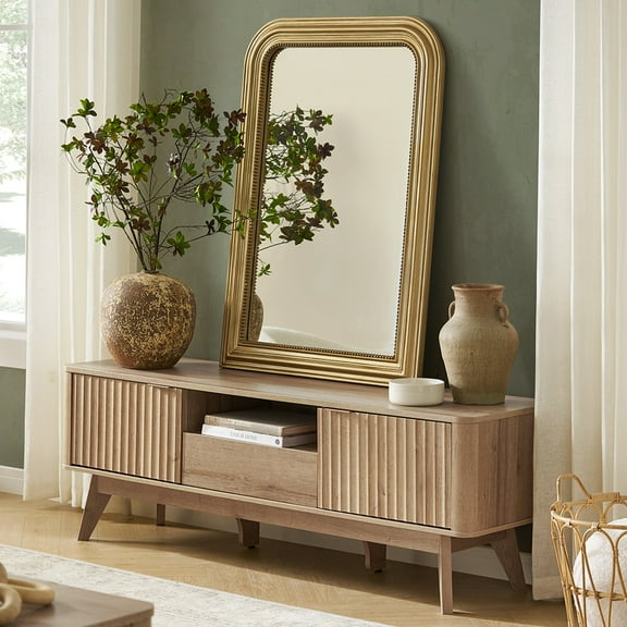 Mopio Brooklyn Mid-Century Modern 57" TV Stand for TVs up to 59”, Waveform Panel, Sturdy Legs (Oak)