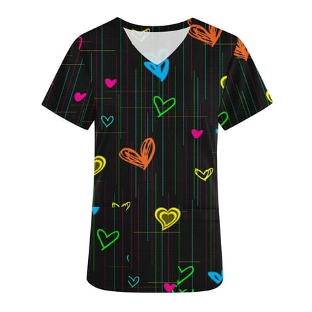 

CYMMPU Women s V-Neck Scrub Tops Clearance Colored Love Heart Printing Clothes for 2023 Nurse Uniform Trendy Valentine s Day Short Sleeve Shirts for Women Workwear Comfy Black XXL