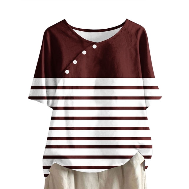 PEZHADA Femmes Tops Manches 3/4 Femmes Casual Print Pullover Coton Lin Boutons Col Rond Manches Courtes Top Top Tops pour Femmes Manches 3/4