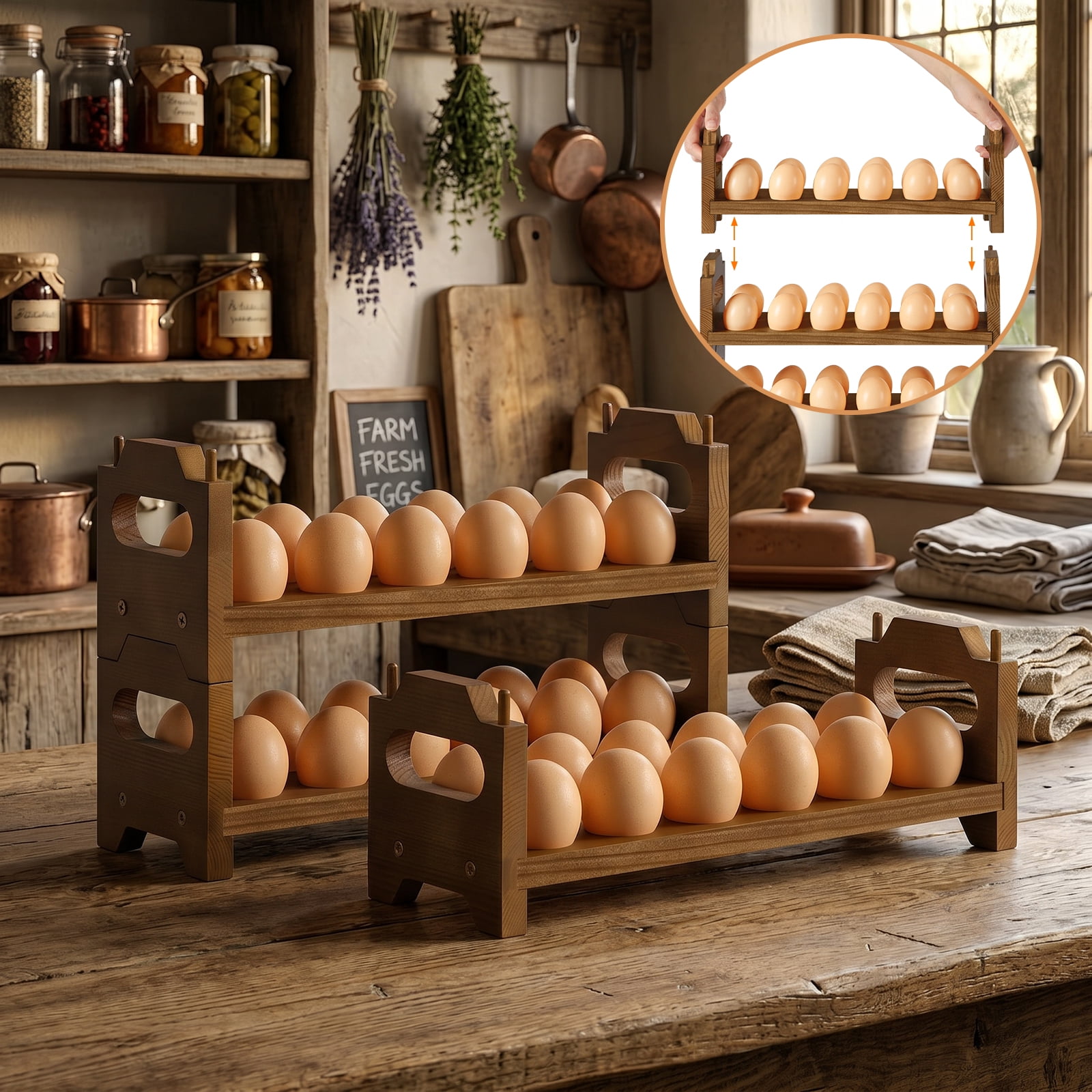 SoildPal 3-Tier Wooden Egg Holder, Stackable Countertop Egg Rack Holds 36 Eggs for Kitchen Farmhouse Decor