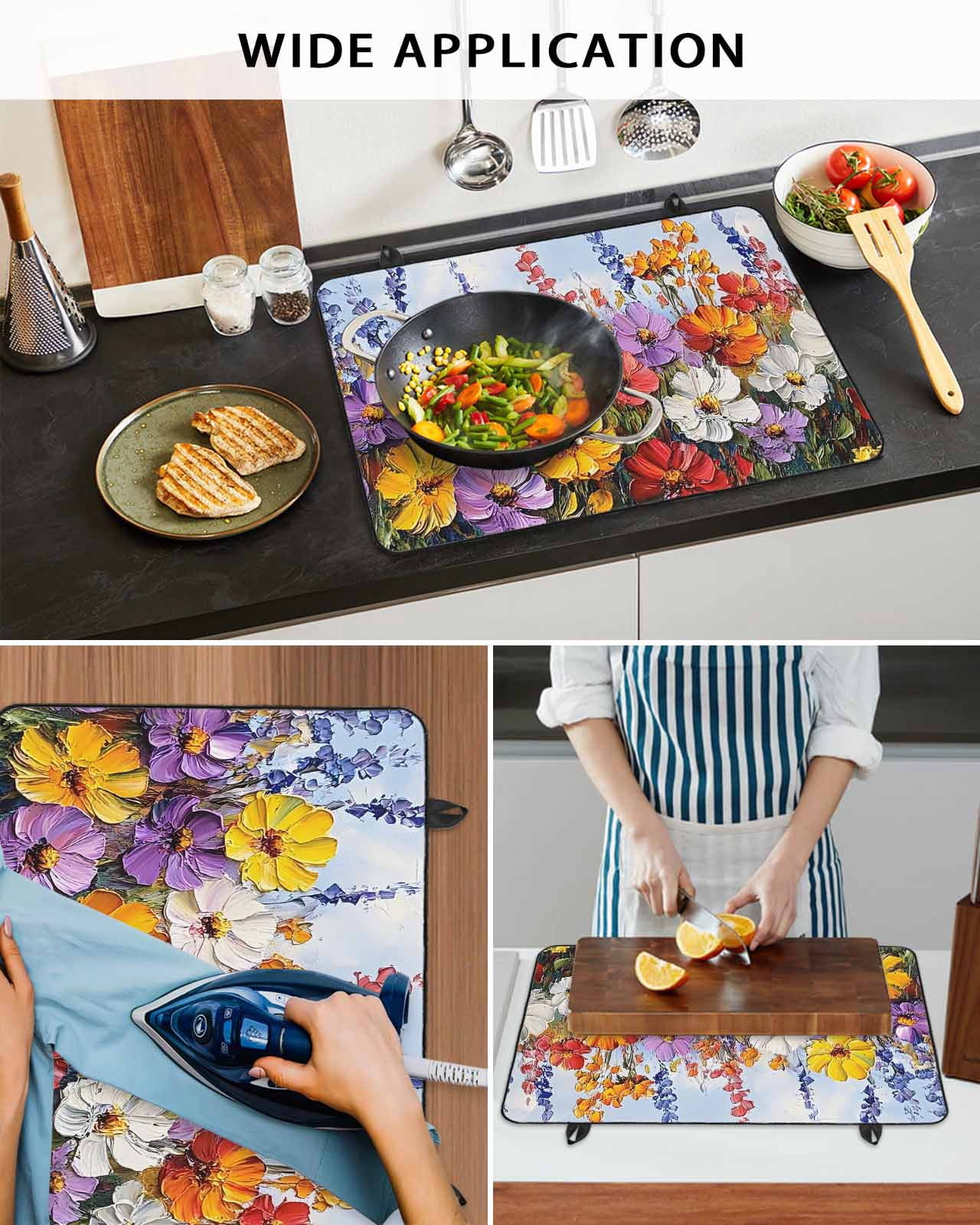 nqOlkjepod Large Induction Cooktop Protector Mat 36"x21", Vintage Wildflowers Stove Top Covers for Electric Stove, Rustic Oil Painted Abstract Botanical Stove Burner Cover Mats Stove Cover