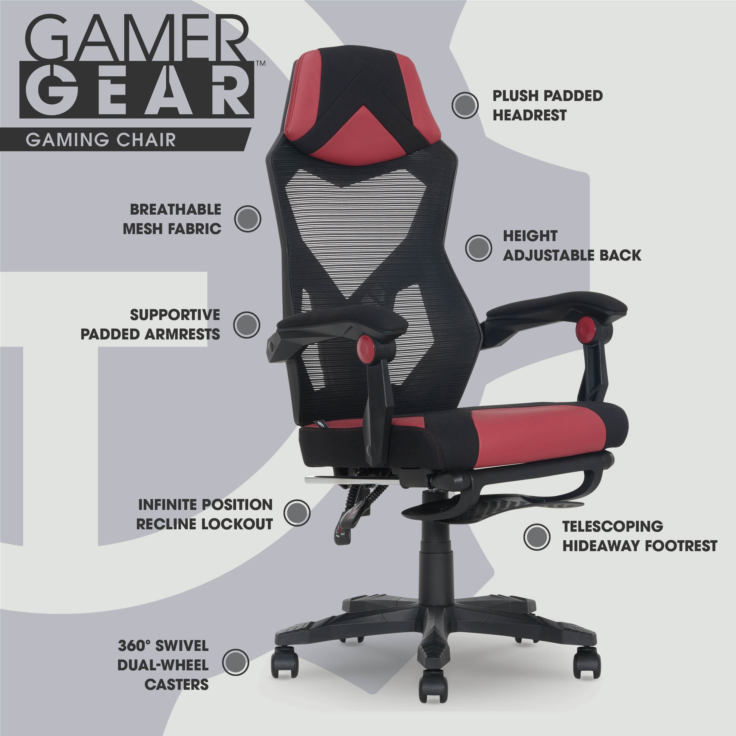 Gamer Gear Gaming Office Chair with Extendable Leg Rest, Red/Black Fabric Upholstery  (图5)