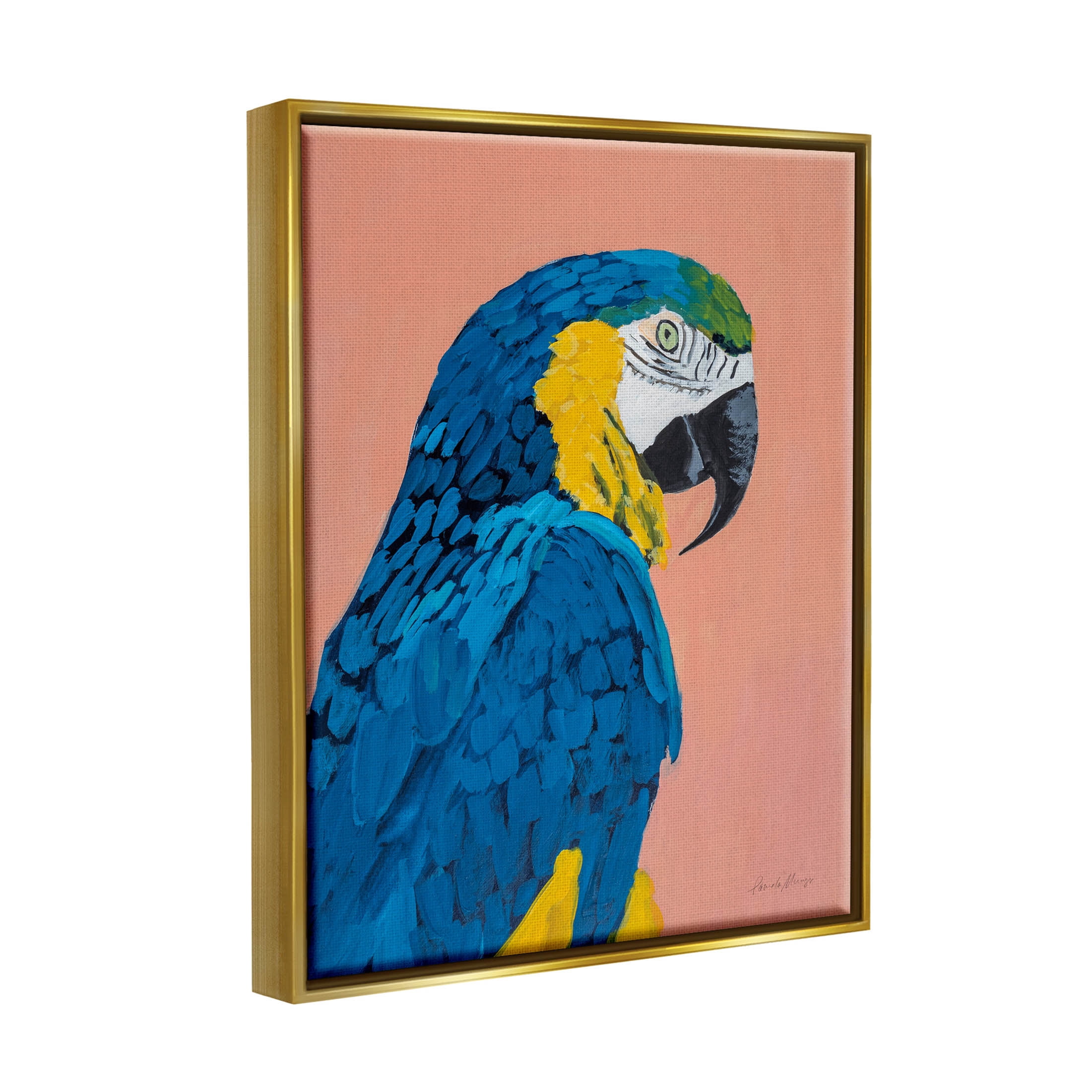Stupell Industries Bold Parrot Wildlife Portrait Painting Metallic Gold Floating Framed Canvas Print Wall Art, Design by Pamela Munger