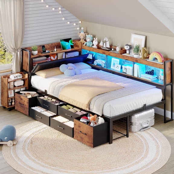 14‘’ Corner Bed Frame with Pull-Out Cabinet, Upholstered Twin LED Daybed with Storage Bookcase & Headboad and Charging Station, Metal Platform Bed for Bedroom& Apartment Brown